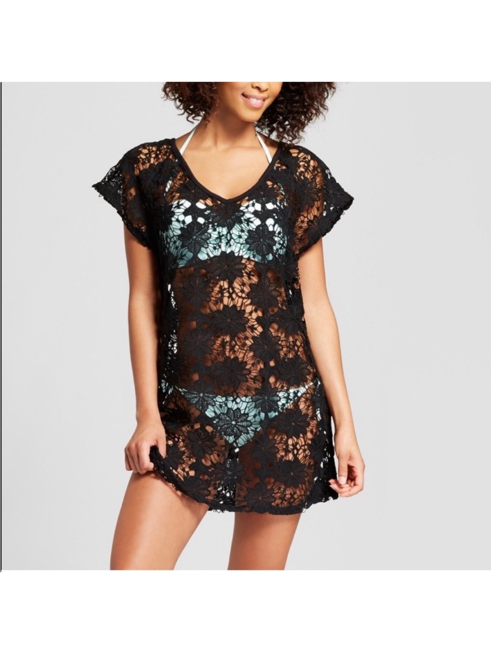 XHILERATION Black lace swimsuit cover up tassels large floral teal